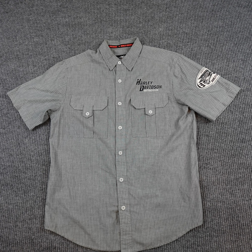 Harley-Davidson Shirt Mens Medium Gray Striped Short Sleeve Button Up Biker